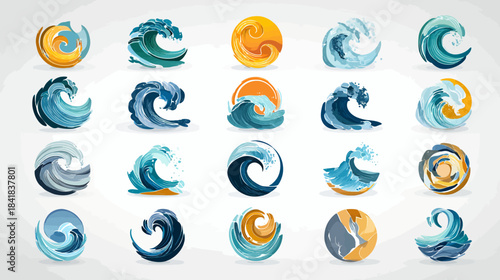 Collection of diverse wave icons and logos set. Stylized vector graphics of ocean and sea water movements.