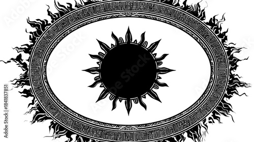 Esoteric Black Sun Symbol in Ornate Oval Frame with Fiery Radiance - Mystical Dark Abstract Graphic Illustration