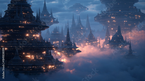 Soft-lit post-human residential megastructures floating in clouds with automated light patterns and no visible inhabitants. Futuristic skyscrapers, modern buildings surrounded by clouds. Alien world.