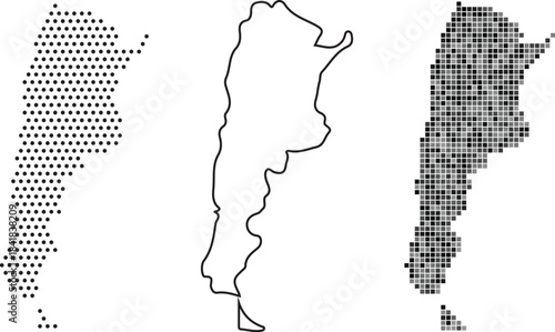 Three different map illustrations of argentina in various styles and patterns