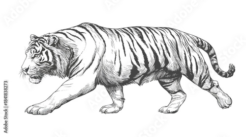 Detailed Black and White Sketch of a Powerful Walking Tiger, Hand-Drawn Wild Animal Illustration, Majestic Predator Art