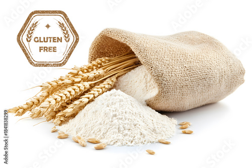 Gluten free flour with burlap sack, wheat grains and cereal ears on white background, organic baking ingredient concept with rustic natural texture and gluten-free label for healthy food products