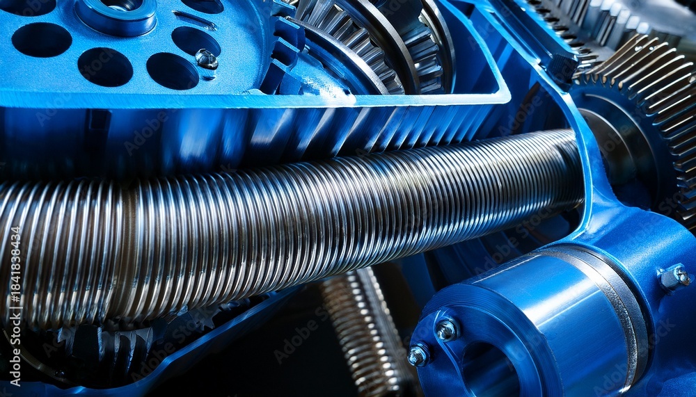 Fototapeta premium close up of industrial machine components with blue metallic gear and coil details