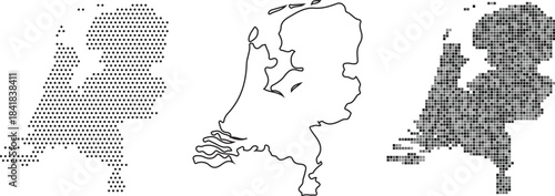 Three maps of netherlands in different styles and shading techniques