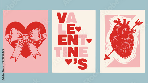 A vibrant vector collection of three retro Valentine's Day posters/cards featuring a heart with a ribbon bow, bold block typography, and a detailed anatomical heart pierced by an arrow.