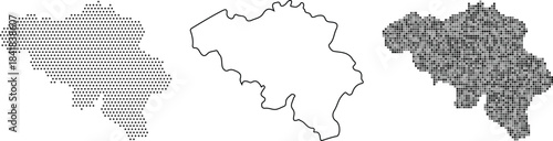 Three different pixel art styles of a country map in various shades and patterns