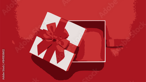 Striking vector illustration of an open, empty gift box with a white exterior and a luxurious red ribbon and bow, set against a rich monochromatic red background.