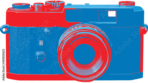Abstract Pop Art Vintage Camera Illustration in Vivid Red and Blue Tones. Retro Photography Equipment Graphic for Creative Projects.