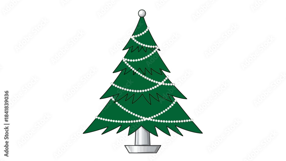 Obraz premium A festive green Christmas tree adorned with white beaded garlands and a silver base, set against a plain white background.