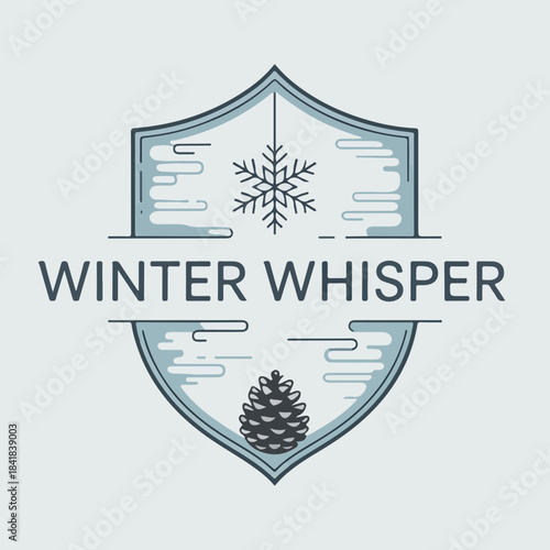 Winter Whisper snowflake shield with pine cone and frosty lines, clean alpine winter emblem for resorts, cabins, apparel and seasonal outdoor branding