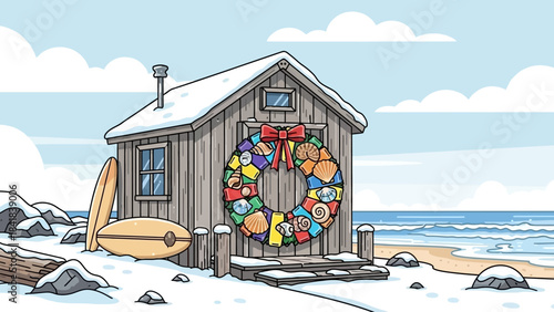 A cozy wooden beach shack covered in snow with surfboards and a unique Christmas wreath on the door, overlooking the ocean.