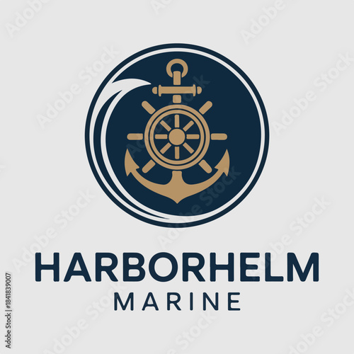 Harborhelm Marine round emblem featuring helm and anchor, classic nautical logo for charters, harbors, sailing clubs, coastal brands and services