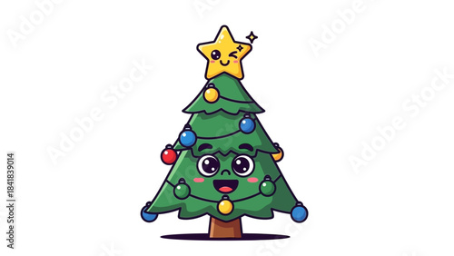 A cute cartoon Christmas tree with a happy face, decorated with colorful ornaments and a winking star on top.