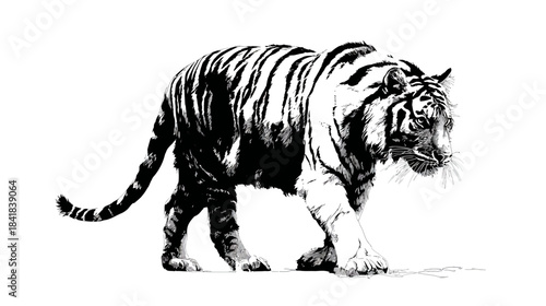 Stylized black and white illustration of a majestic tiger walking gracefully, isolated on a clean white background