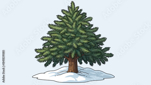 A green evergreen tree with a brown trunk stands in a small patch of white snow against a light blue background, illustrating a winter scene.
