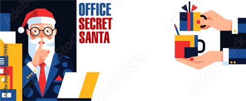 Office Secret Santa poster with stylish Santa in suit, illustrating a holiday gift exchange for corporate Christmas party invitations, employee gift giving, and workplace celebration blogs