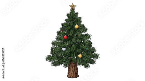 A beautifully decorated Christmas tree with colorful ornaments and a golden star on top, set against a plain white background.