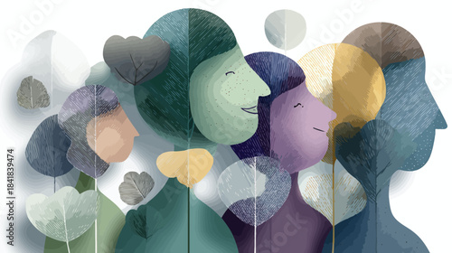 Abstract illustration of diverse human profiles showing community, connection, and mental well-being in a textured, colorful flat design.