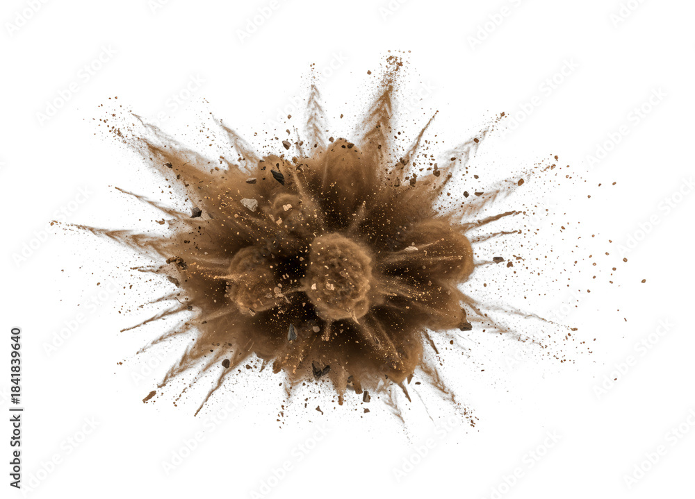 Fototapeta premium Brown dust explosion with flying rock fragments creating a dynamic burst of particles and debris in motion, captured with high-speed photography.