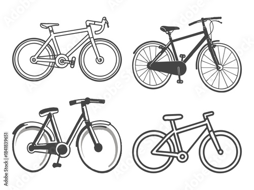Four different styles of bicycles in black and white Hand Drawn line art illustration