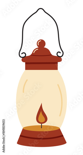 Vintage lantern in flat style. Old kerosene lamp. Vector illustration isolated on a white background, suitable for travel projects, outdoor-themed designs, and printed materials.
