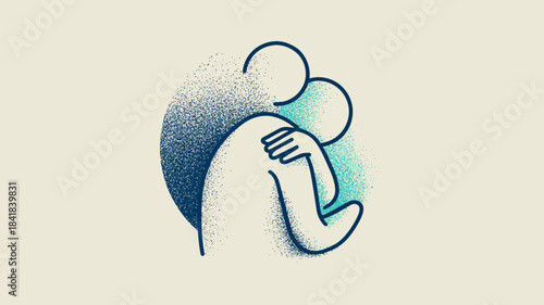 Abstract illustration of two stylized people embracing, symbolizing comfort, support, empathy, and human connection. Textured graphic.