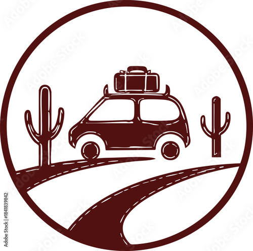 Stylized circular vector icon of a camper van driving on a winding desert road with cactus, representing summer travel adventure, road trip holidays, camping and outdoor exploration.