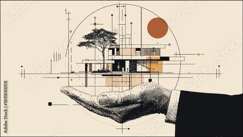 Sustainable architectural design concept featuring a modern building and tree within a blueprint-style plan, held by a human hand.