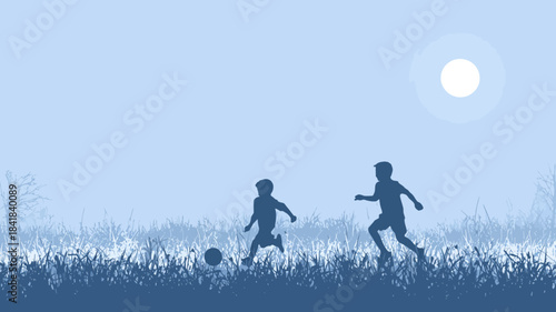 Monochromatic blue silhouette illustration of two happy children playing soccer on a grassy field under a bright sun.