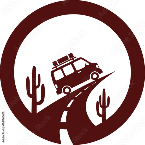Stylized circular vector icon of a camper van driving on a winding desert road with cactus, representing summer travel adventure, road trip holidays, camping and outdoor exploration.