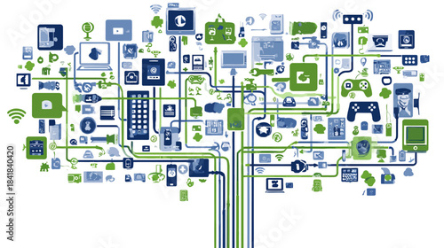 Abstract technology tree with interconnected digital devices, network, and data flow, symbolizing global communication and IoT.
