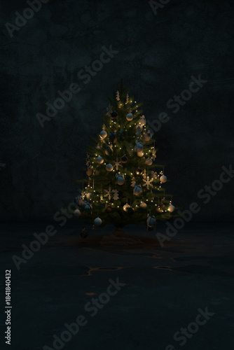 3d rendering of illuminated christmas tree in a concrete grunge room