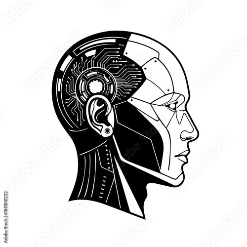 Future Intelligence: An artistic illustration of a human head, transformed by intricate circuit board designs, symbolizes the fusion of humanity and technological innovation.