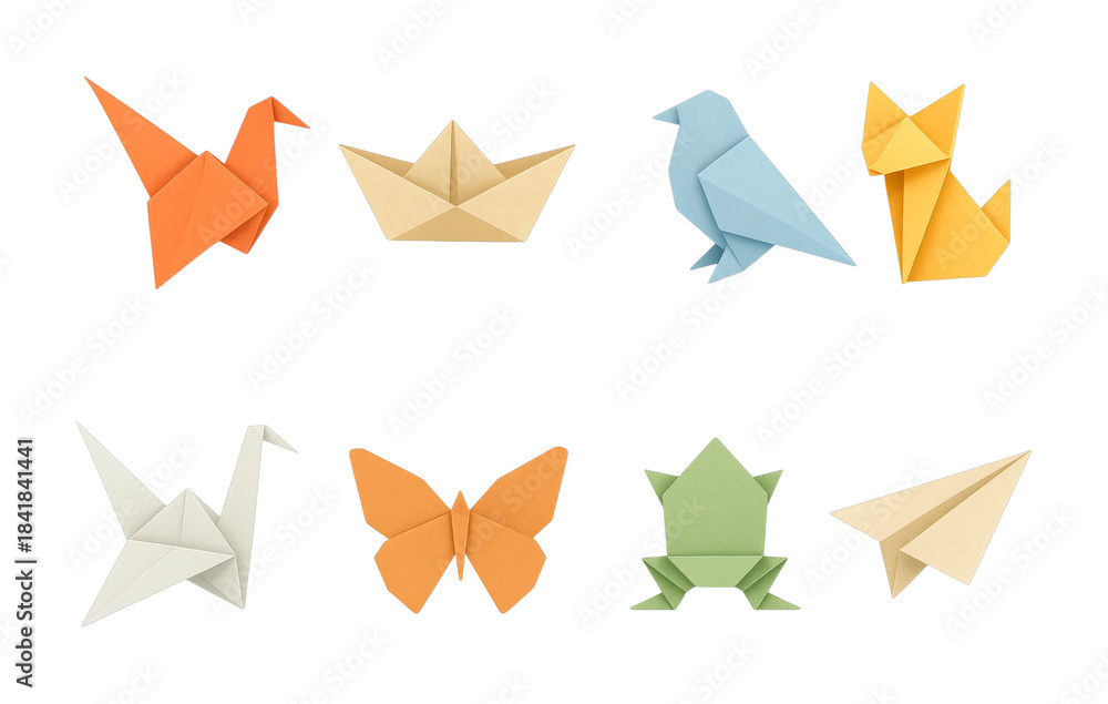 Naklejka premium Eight colorful origami figures crafted from folded paper, including birds, a boat, a fox, a butterfly, a frog, and a paper airplane.