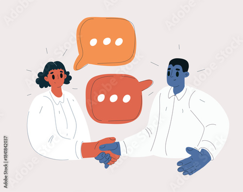 Cartoon vector illustration of a man and woman shaking hands as their speech bubbles trade ideas in the air