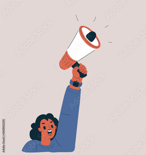 Cartoon vector illustration of a woman raising a megaphone in protest, her voice echoing like a rallying drum