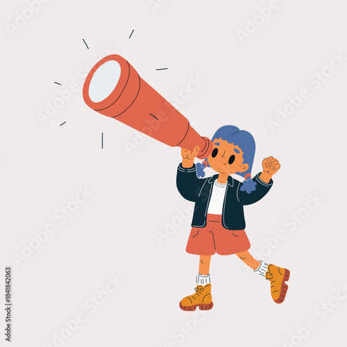 Cartoon vector illustration of a little girl peering through a telescope, exploring the sky like a tiny dreamer
