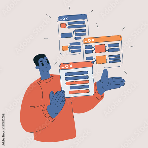 Cartoon vector illustration of a male developer holding multiple windows, juggling ideas like a digital architect