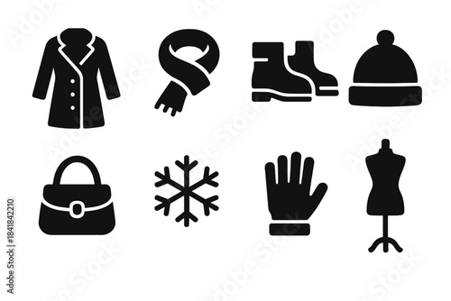 Urban Winter Icons. Urban winter fashion. Filled icon set of Urban winter fashion: coat, scarf, boots, hat,