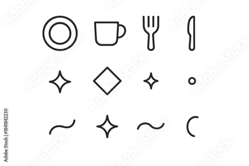 Minimalist Tableware Icons. Tableware details. Line outline icon set of Tableware details: plate outline, cup