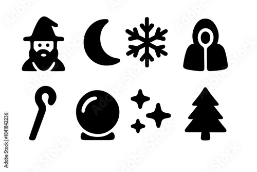 Winter Spell Icon Set. Winter night spell icons. Filled icon set of Winter night spell icons: wizard, moon,
