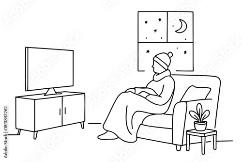 Minimalist TV Evening. Winter evening TV watching. Minimalistic one-line drawing of a person watching TV in a