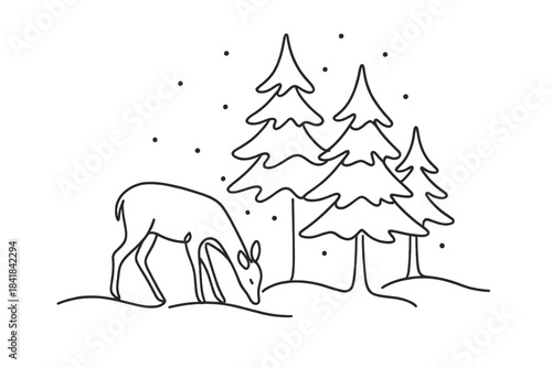 Minimalistic Winter Deer. Winter woodland deer. Minimalistic one-line drawing deer grazing under snowy pine