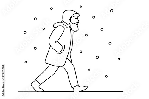 Bearded Man in Snowstorm. Bearded man in snowstorm. Minimalistic one-line drawing of a bearded man walking in