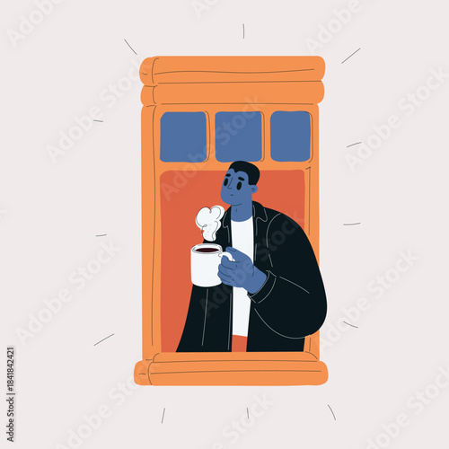 Cartoon vector illustration of a man holding a mug of coffee or tea, leaning out of a window with a relaxed vibe
