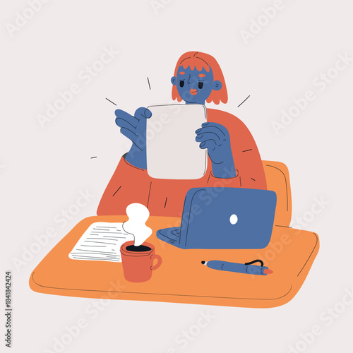 Cartoon vector illustration of a woman holding papers, reviewing a resume next to a laptop, coffee cup, and pen
