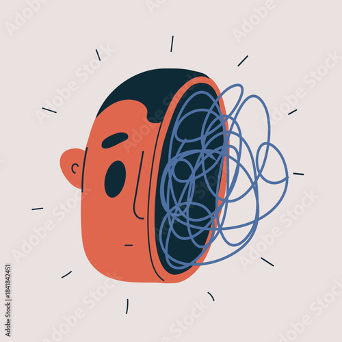 Cartoon vector illustration of a man with tangled threads inside his head, symbolizing confusion and overthinking