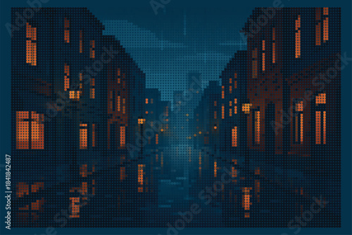 Rainy City Street Night Halftone Vector Art Blue Orange Urban Landscape with Reflections Abstract Dot Pattern Background Illustration for Poster Wall Decor Design