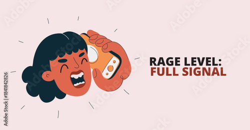 Cartoon vector illustration of a woman angrily shouting into her smartphone, expressing frustration and anger