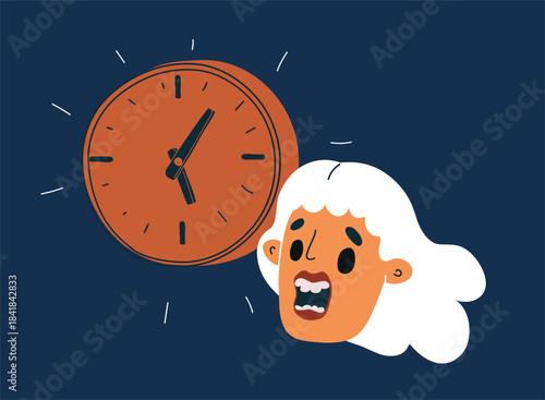 Cartoon vector illustration of a woman panicking in front of a clock, running out of time and feeling stressed